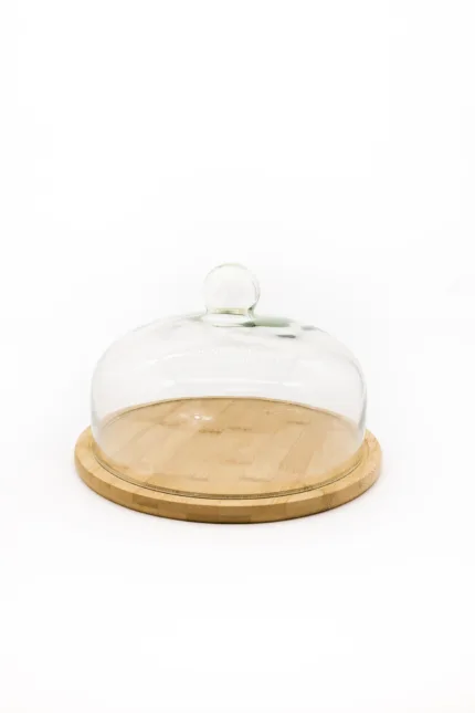 Cake stand with bamboo base and glass lid
