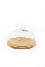 Поставка за сладки с бамбукова основа и стъклен капак