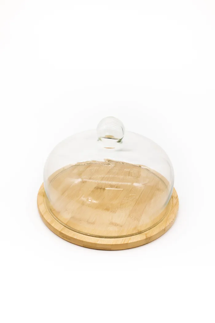 Поставка за сладки с бамбукова основа и стъклен капак — изображение 2