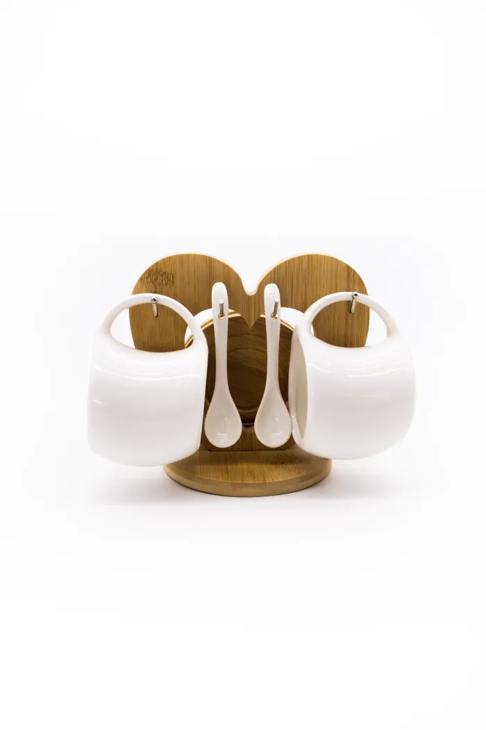 Комплект керамични чаши 2 бр с бамбукова основа- сърце — изображение 2