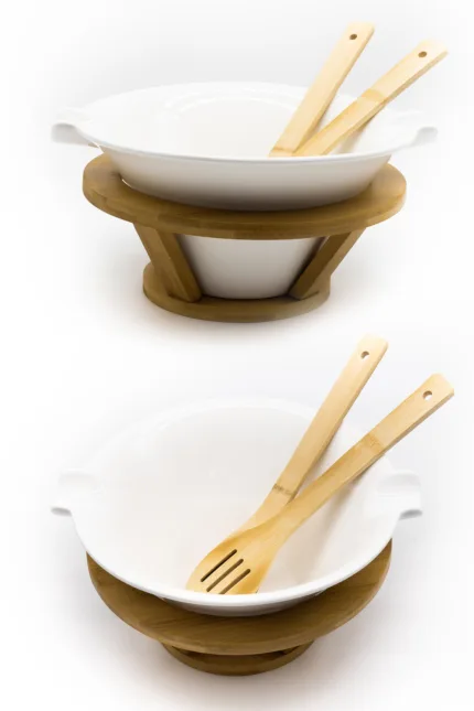 Ceramic bowl with bamboo utensils