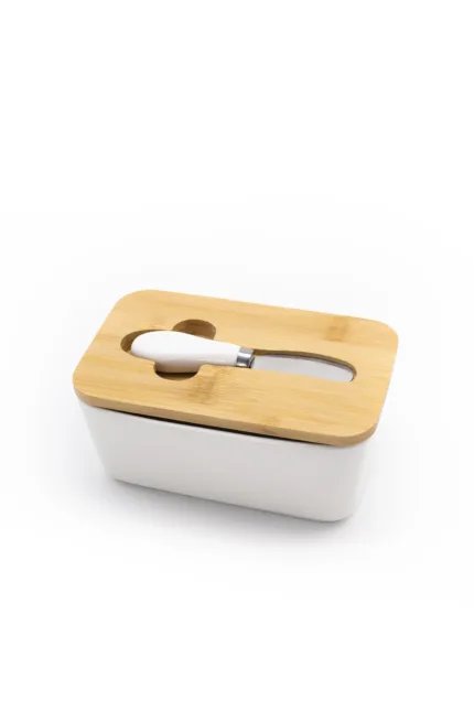 Керамична кутия за масло с бамбуков капак и нож