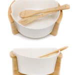 Керамична купа за сервиране на бамбукова основа и прибори