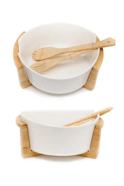Керамична купа за сервиране на бамбукова основа и прибори