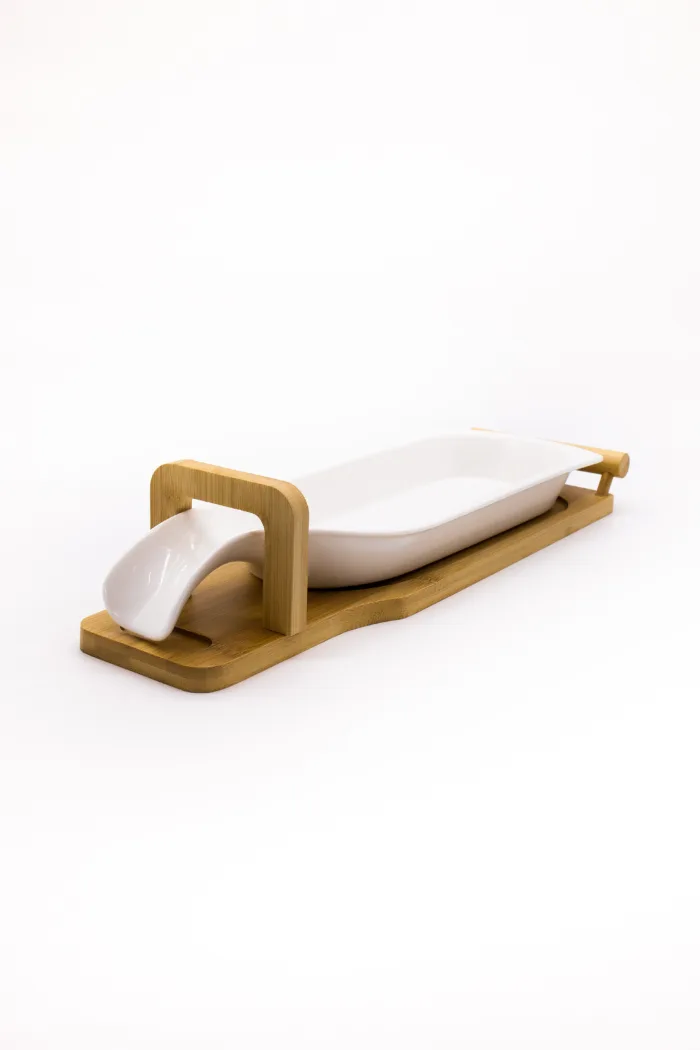 Керамично плато за сервиране с бамбукова основа — изображение 2