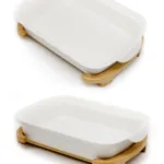 Керамично плато за сервиране на бамбукова поставка