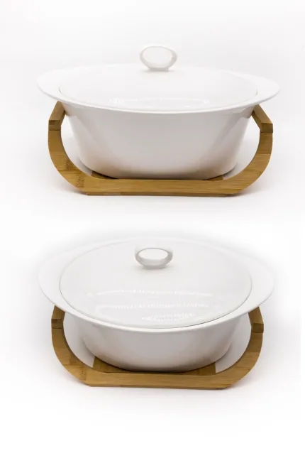 Ceramic serving bowl with lid and bamboo base