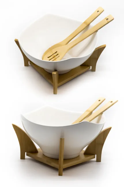 Ceramic serving bowl with bamboo utensils