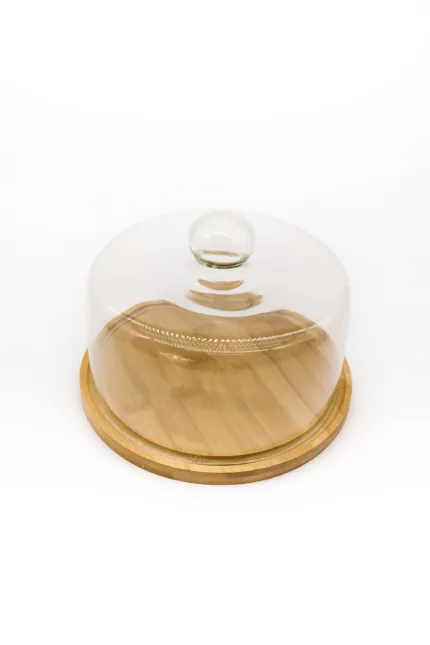 Cake stand with bamboo base and glass lid