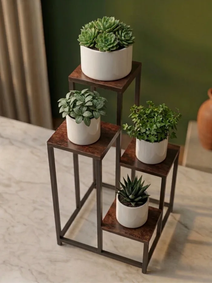 4-tier plant stand, metal and wood - Image 1