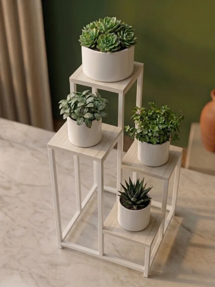 4-tier plant stand, metal and wood - Image 1