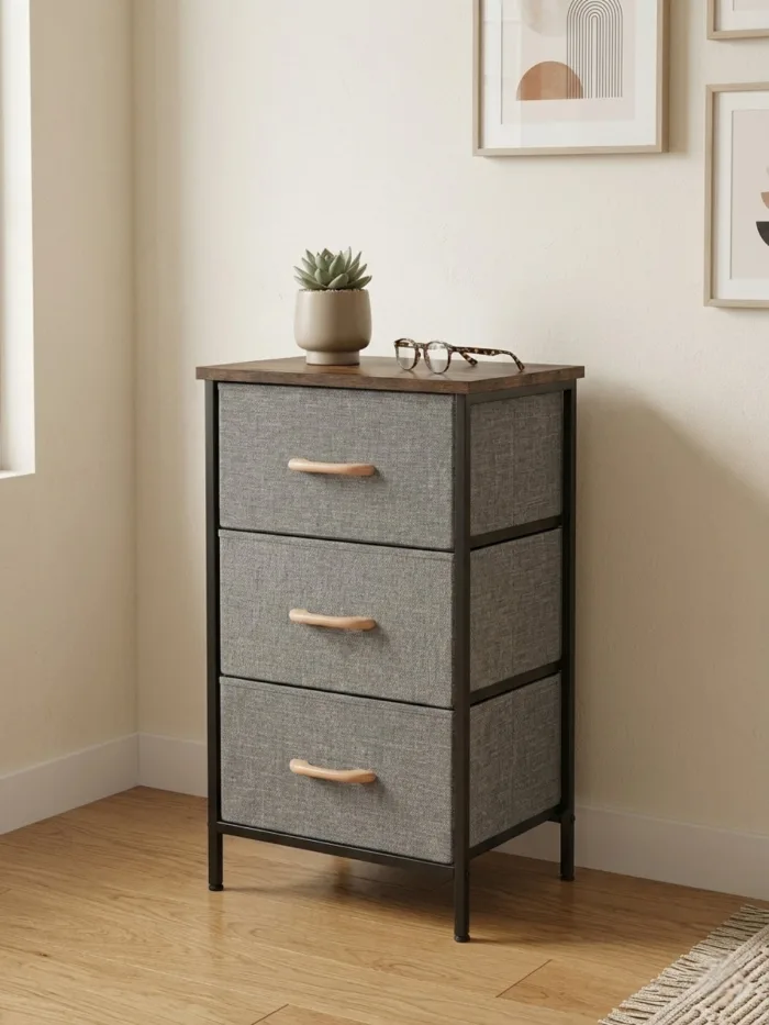 IMG_1357 Nightstand with 3 fabric drawers, wood and metal - Image 1
