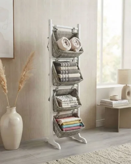 Wooden shelving unit with 4 baskets